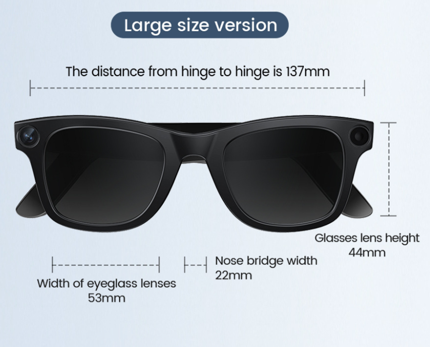 Large size AI camera smart glasses with frame measurements