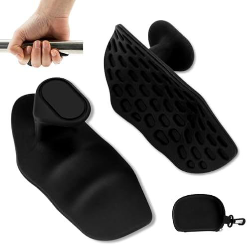Black silicone grip pads with carry pouch, held on a bar, front view