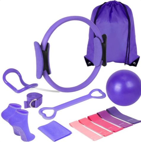 Purple 13-piece yoga and Pilates set: ring, ball, bands, socks and bag