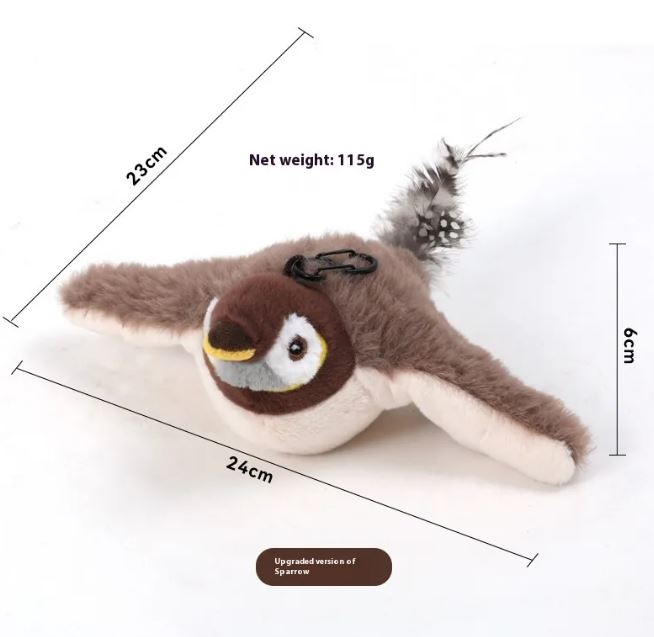 Brown sparrow flapping bird cat toy with size and weight labels