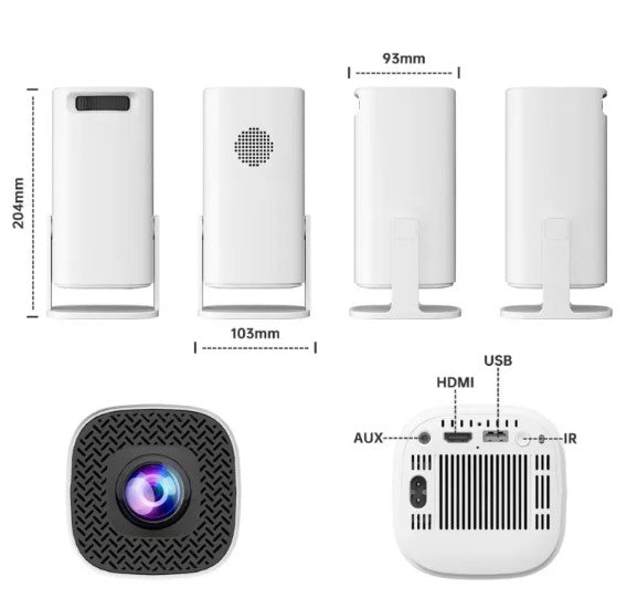Mini projector dimensions and HDMI, USB and AUX ports diagram