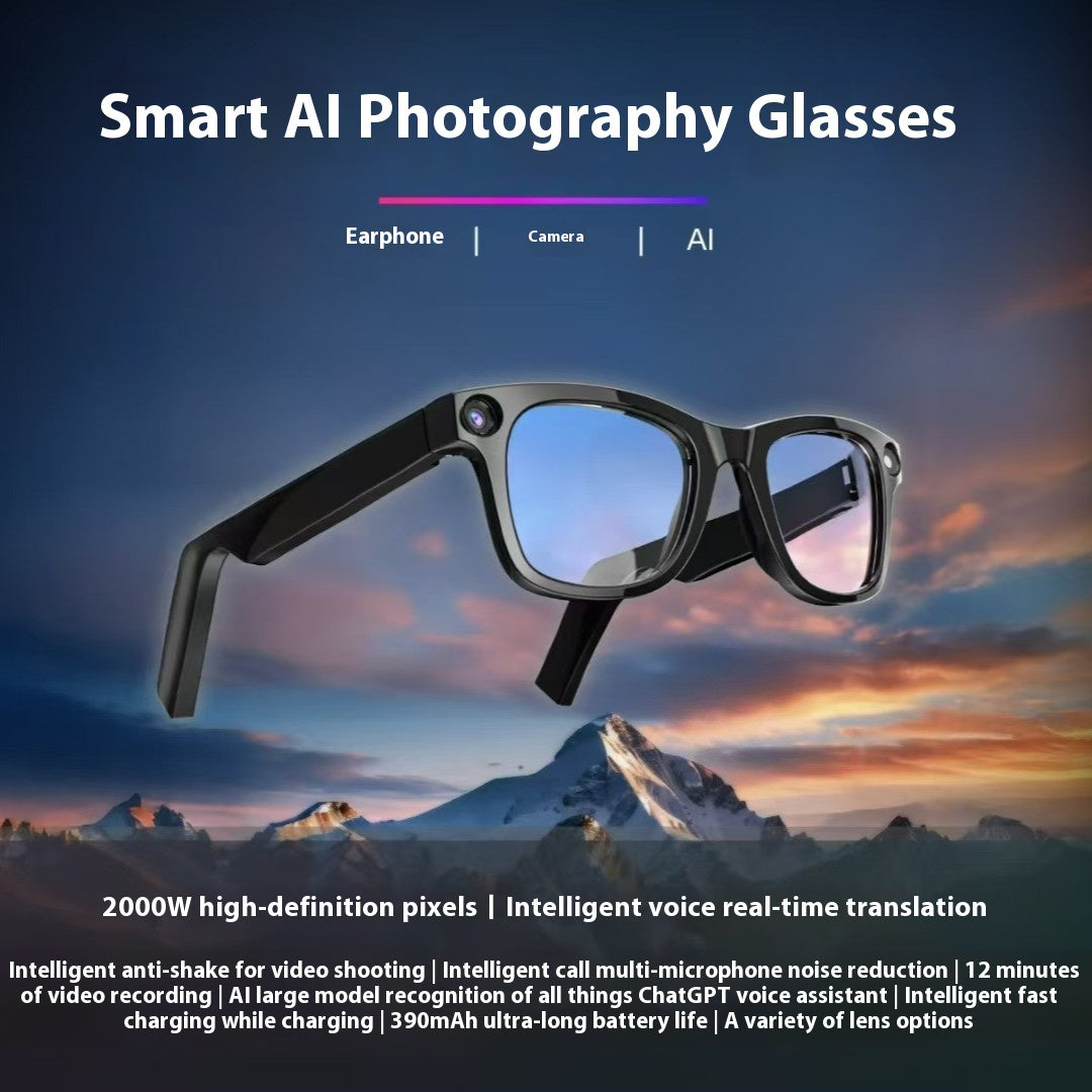 AI camera smart glasses on a mountain backdrop