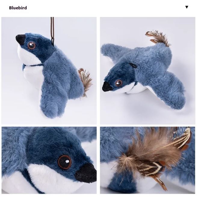 Blue flapping bird cat toy shown from four angles