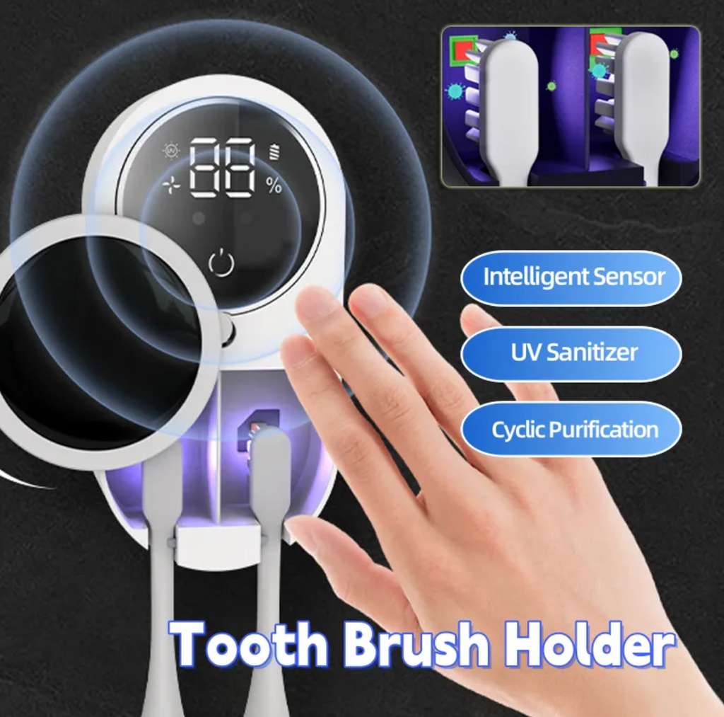 Hand waving at a UV toothbrush holder with motion sensor features listed
