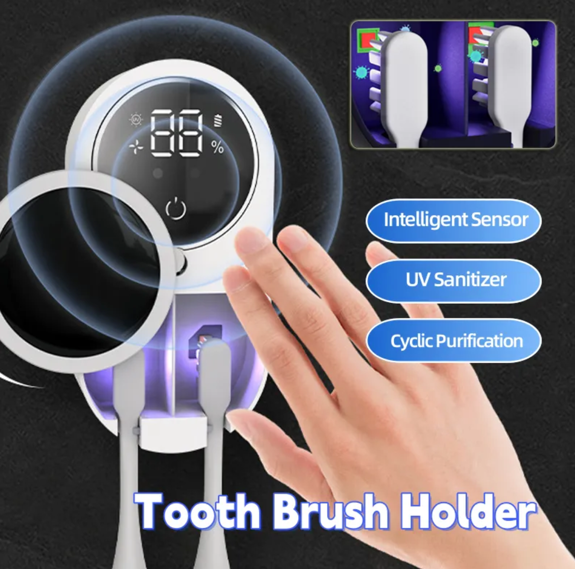 Hand waving at a UV toothbrush holder with motion sensor features listed