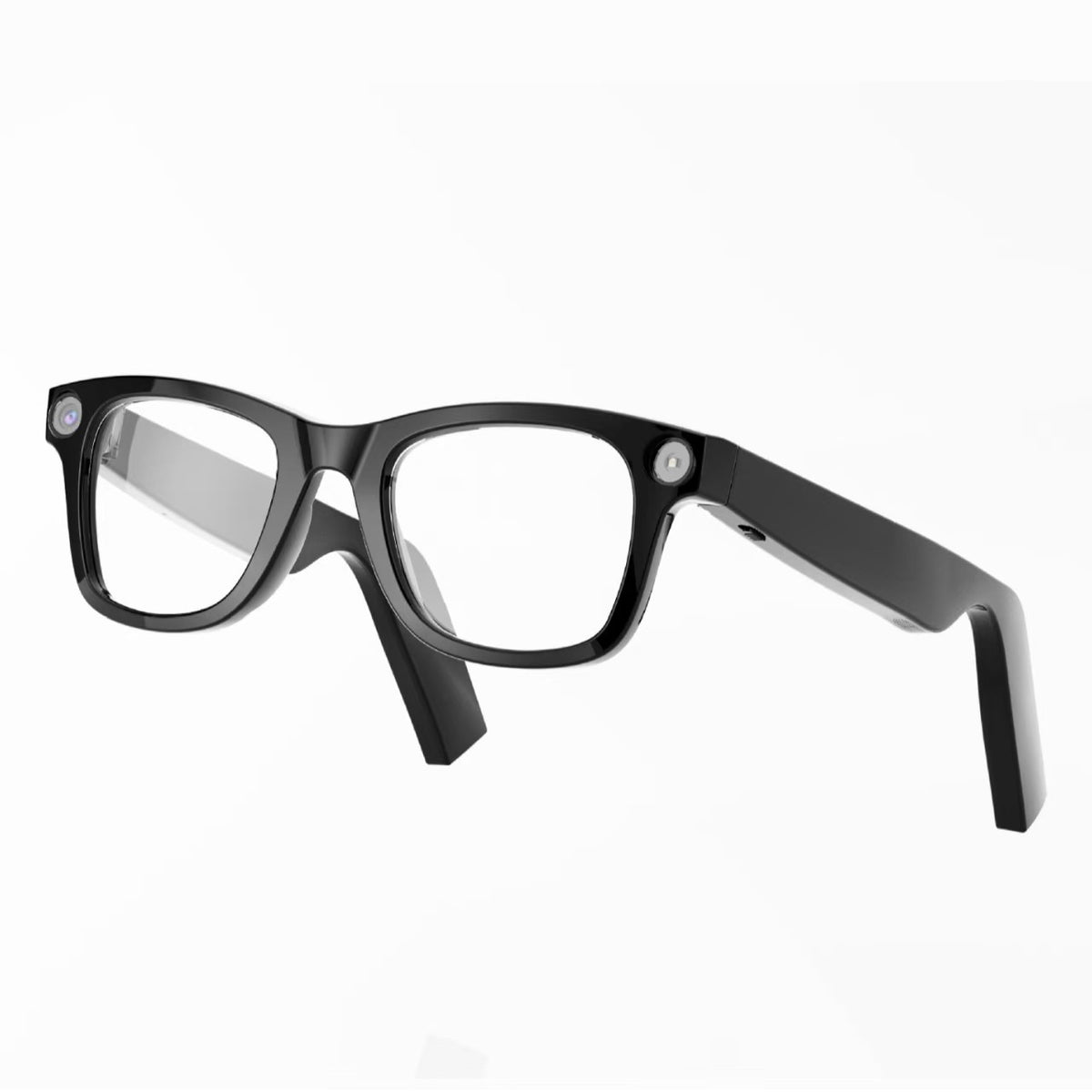 Black AI camera smart glasses with clear lenses, angled view, front view
