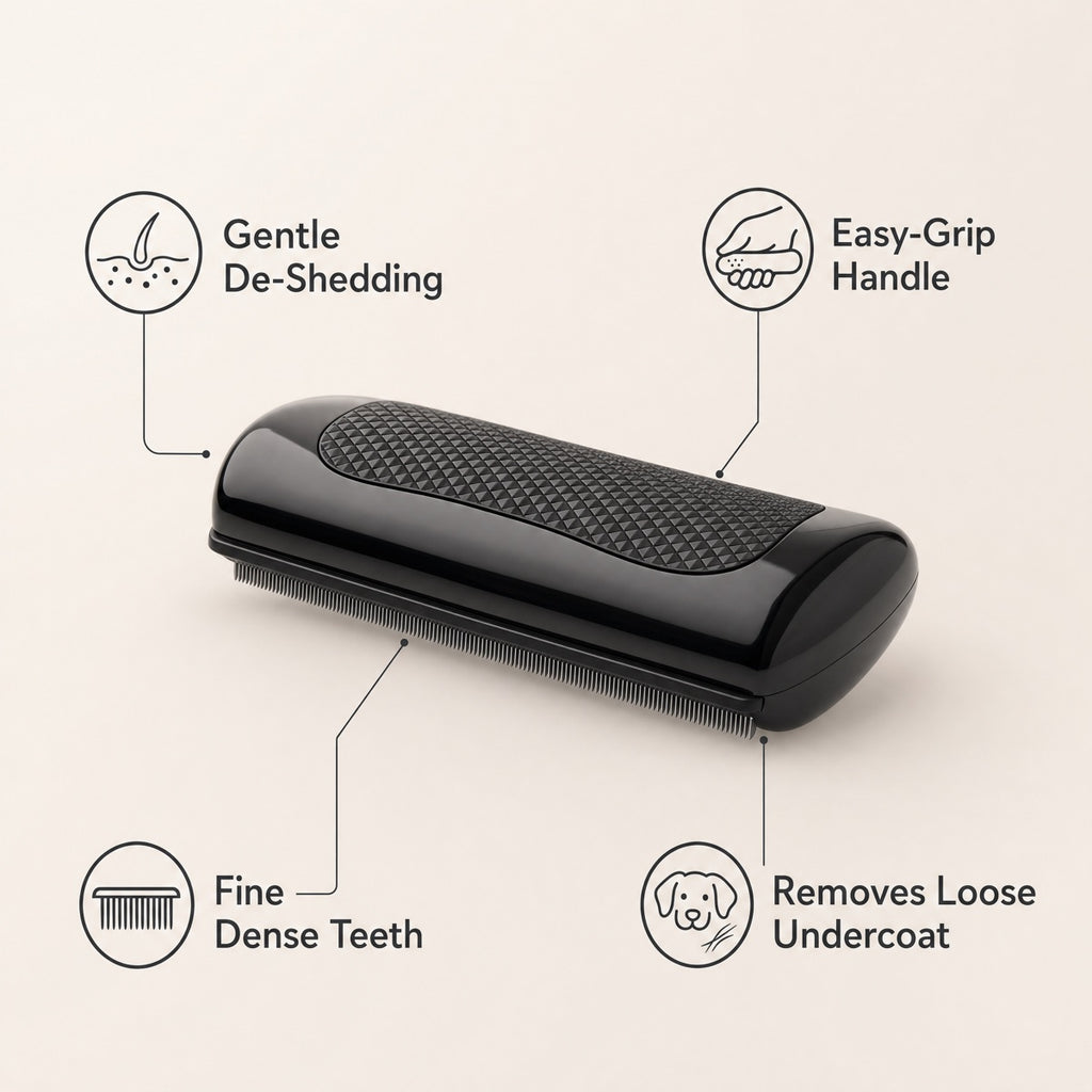 Pet grooming comb features: gentle de-shedding and easy-grip handle