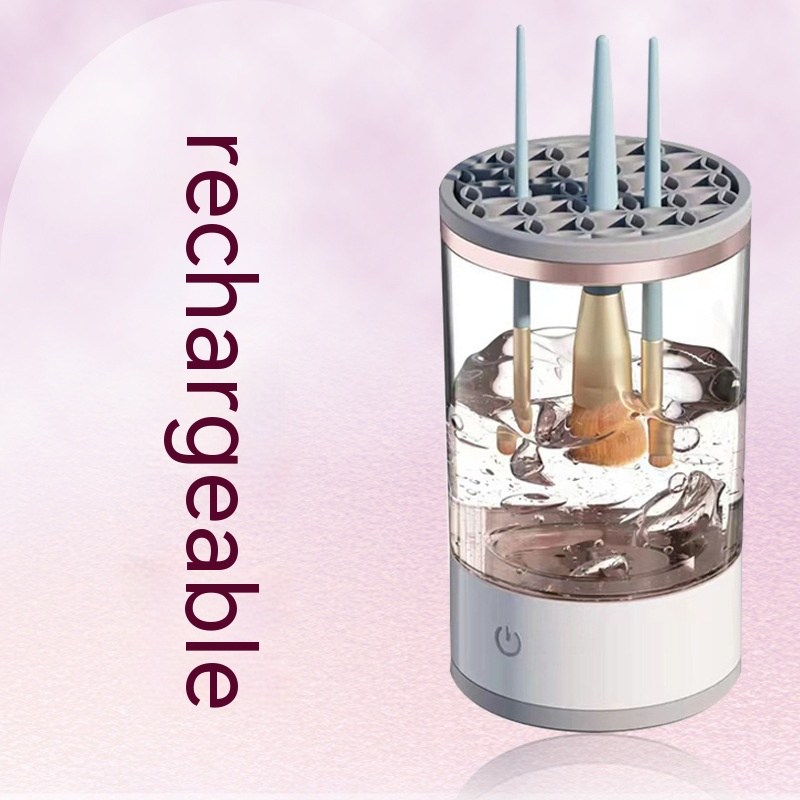 Rechargeable makeup brush cleaner with brushes in its spinner