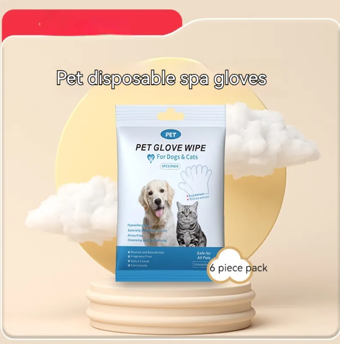 Pet disposable spa glove pack on a display stand shown upright