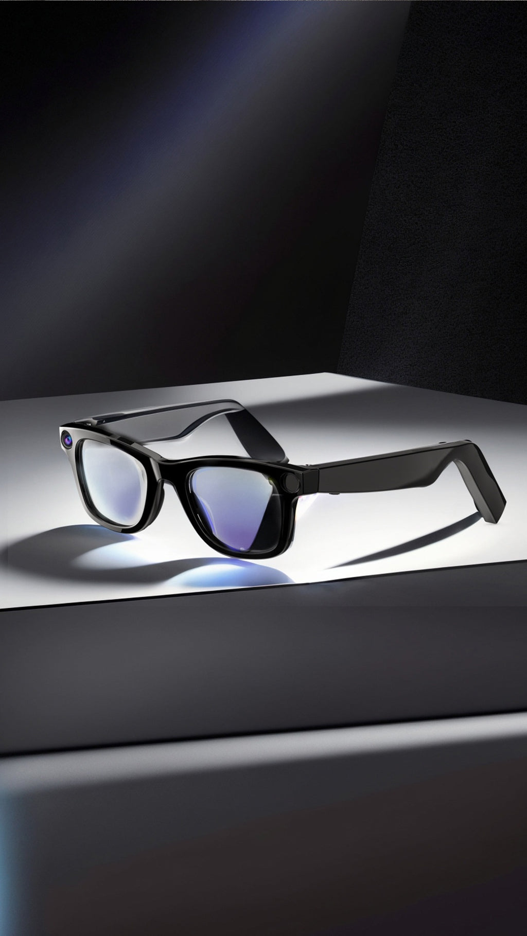 AI camera smart glasses on a dark display pedestal