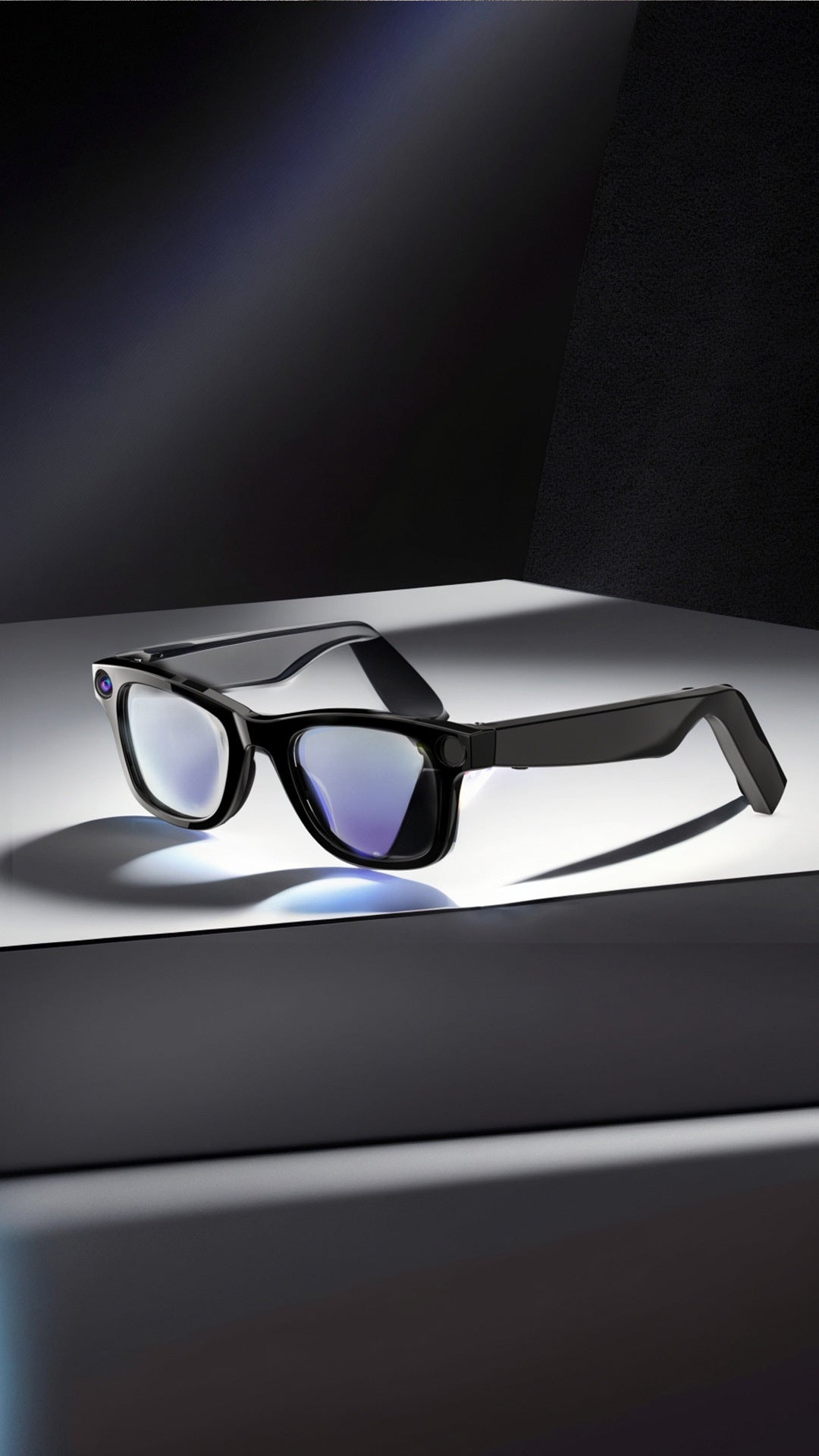 AI camera smart glasses on a dark display pedestal