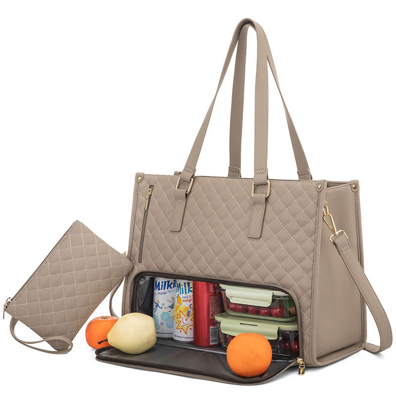 Taupe quilted insulated lunch tote with matching pouch and food inside
