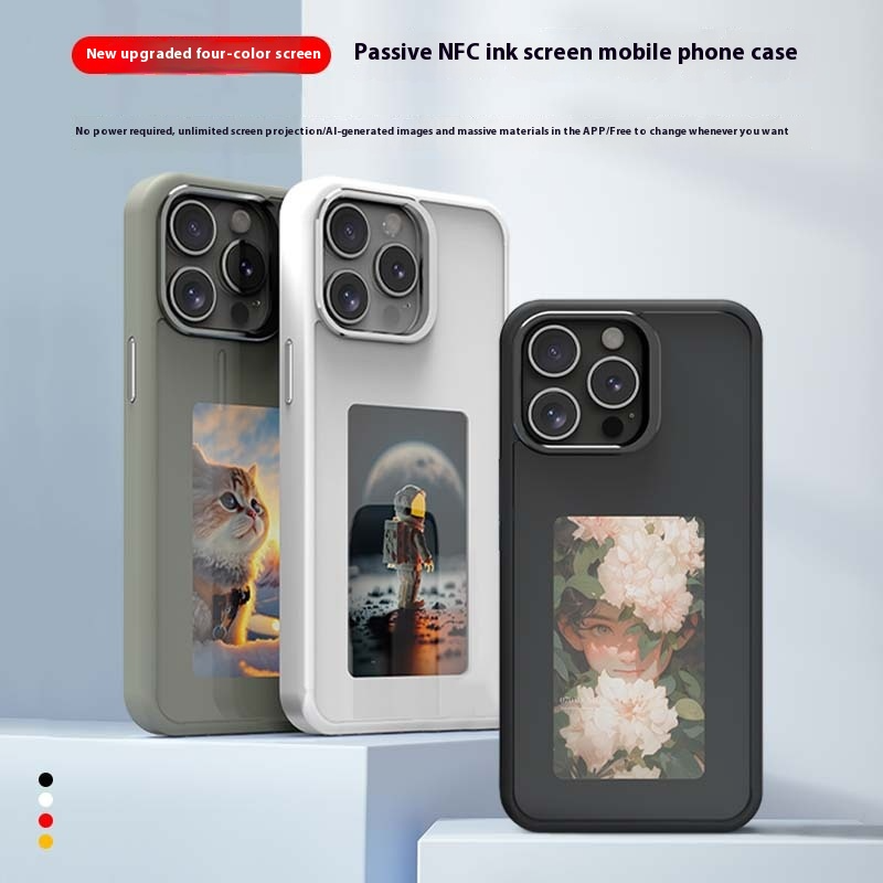 Black, white and gray NFC E-ink phone cases with custom photos on a display stand