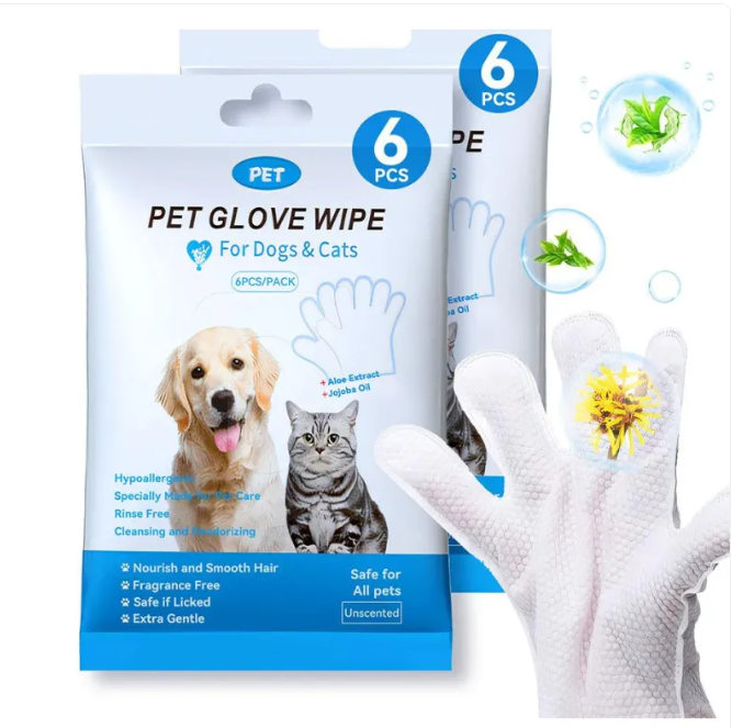 6-piece pet glove wipe pack with a glove on hand