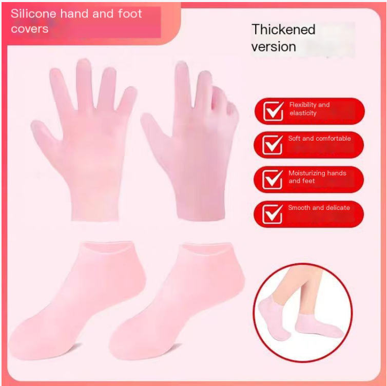 Pink silicone moisturizing gloves and socks set with features listed