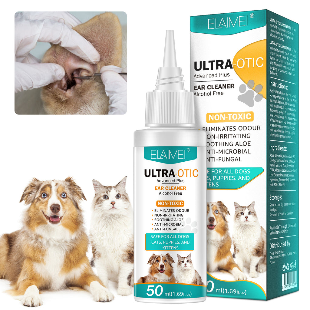 Pet ear cleaner bottle and box with a dog and cat