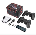Retro game stick console kit with box, two controllers and HDMI stick on a white background