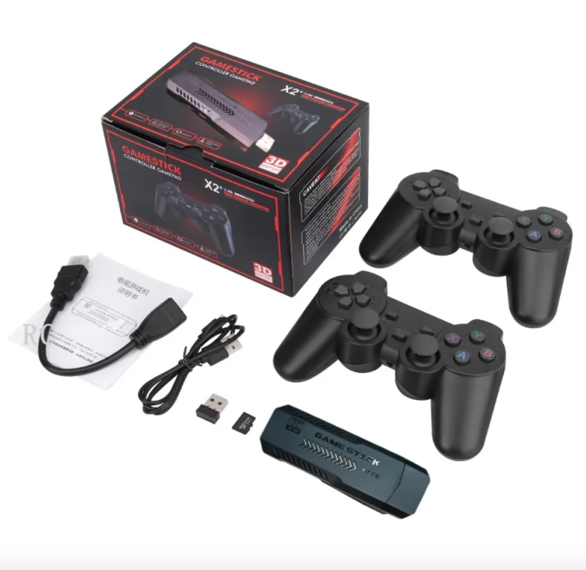 Retro game stick console kit with box, two controllers and HDMI stick on a white background