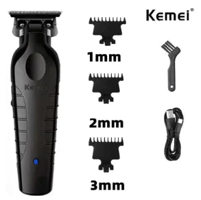 Cordless hair clipper set with 1, 2 and 3 mm guards, brush and USB cable, front view