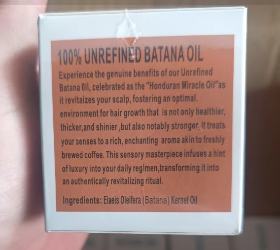 Batana oil hair mask box description and ingredients panel
