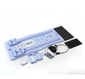 Blue compact Pilates board with resistance bands, mat and accessories shown upright