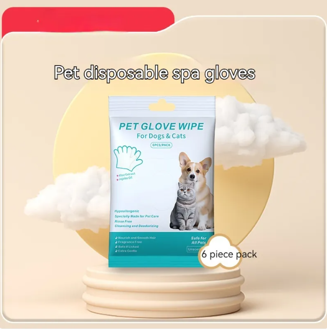 Pet disposable spa glove pack on a display stand, front view