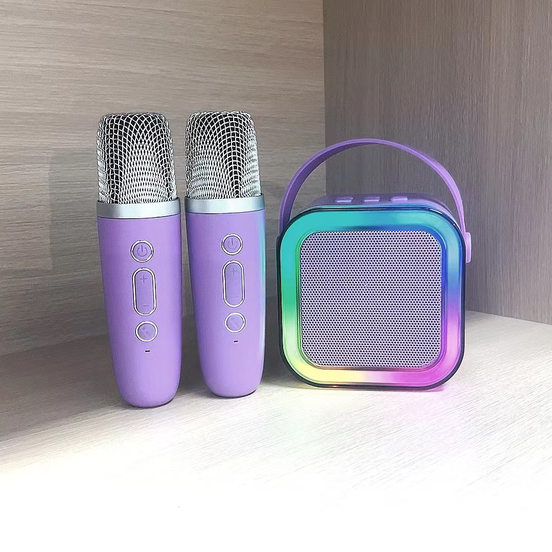 Lavender Bluetooth karaoke speaker with RGB glow and two microphones, front view