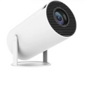 White portable small projector with tilting stand, angled view