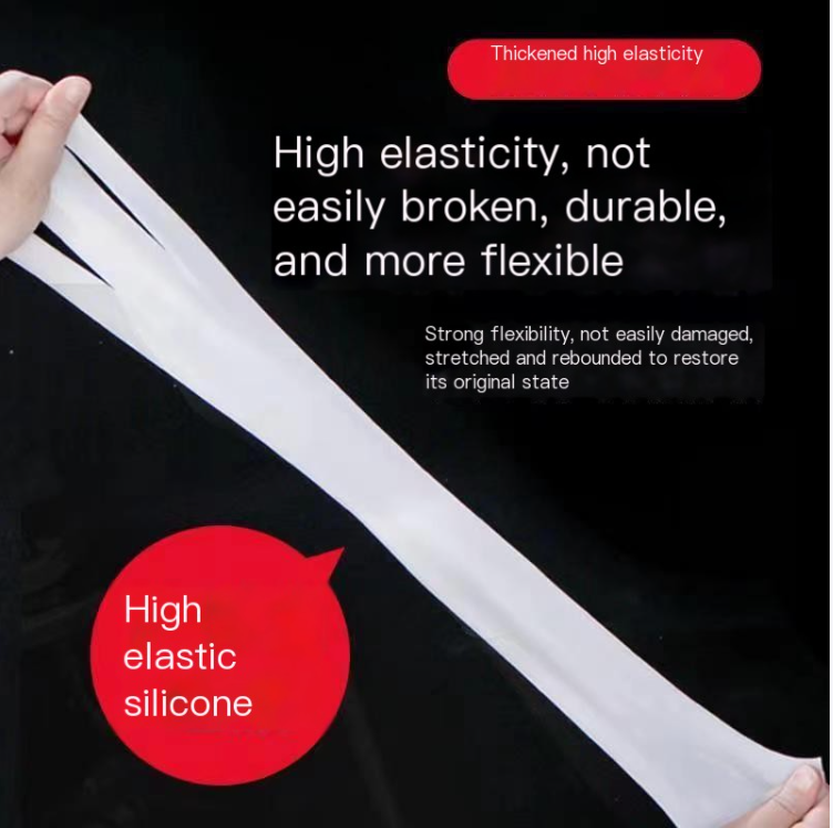 Hands stretching silicone to show the gloves' high elasticity