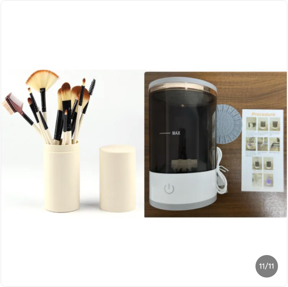 Makeup brush cleaner with brushes, cup holder and instructions
