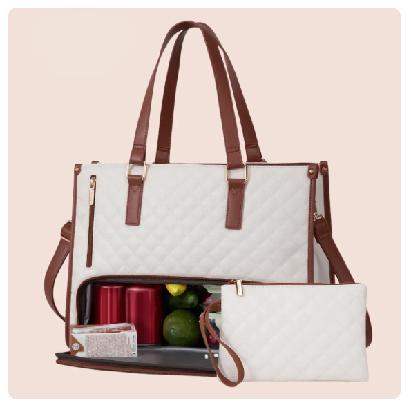 White with brown straps quilted insulated lunch tote with matching pouch and food inside