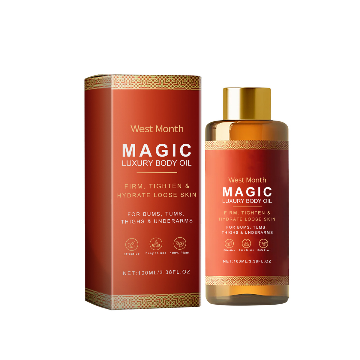 Soothing body oil bottle with its red box, front view