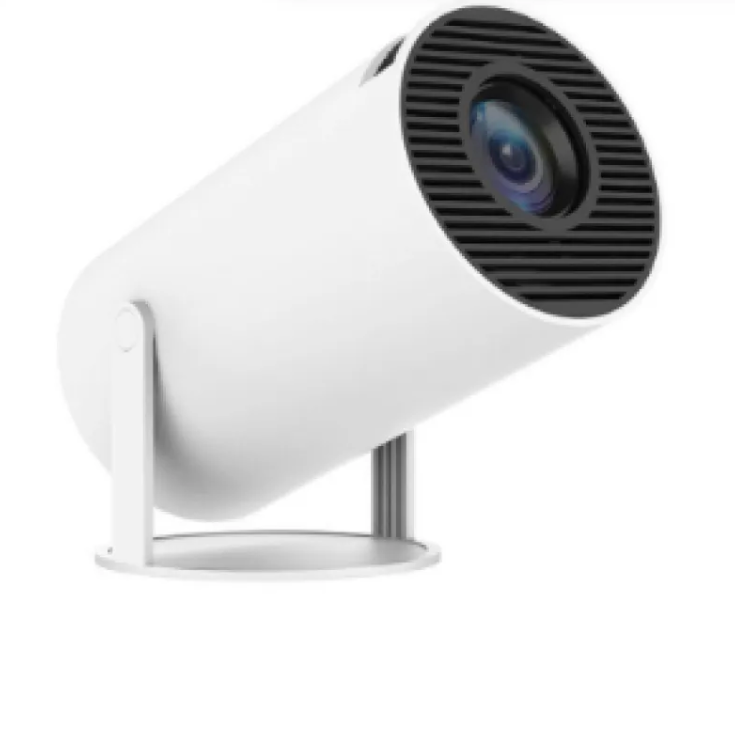 White portable small projector with tilting stand, angled view shown upright